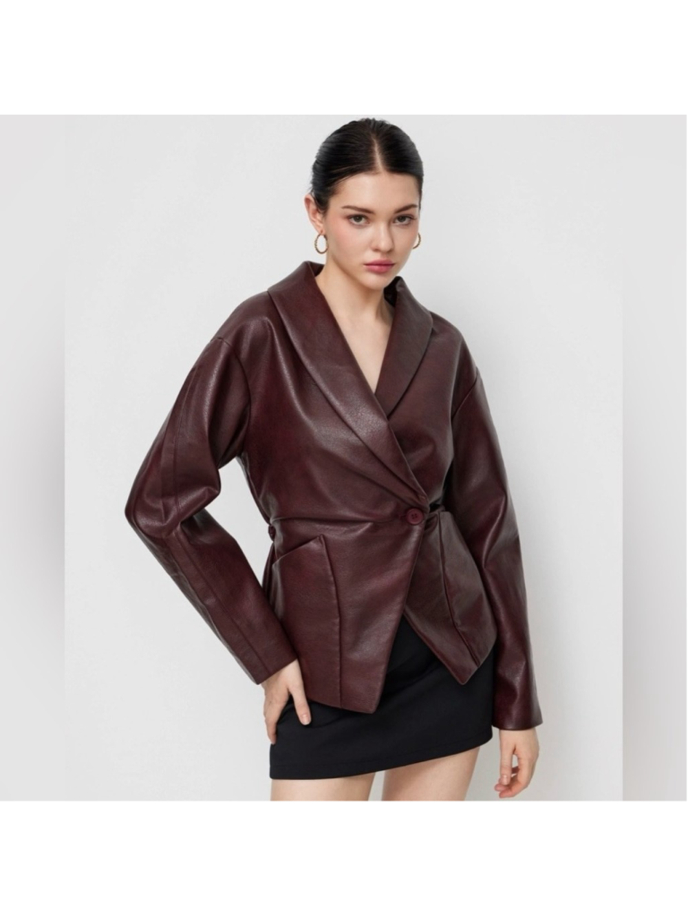 Cider FAUX LEATHER COLLAR BUTTON ELASTIC WAIST JACKET M CM6-11